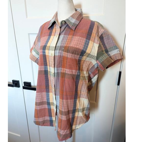Lemon Grass Plaid Salmon Pink Button Up Top Large - Picture 1 of 4